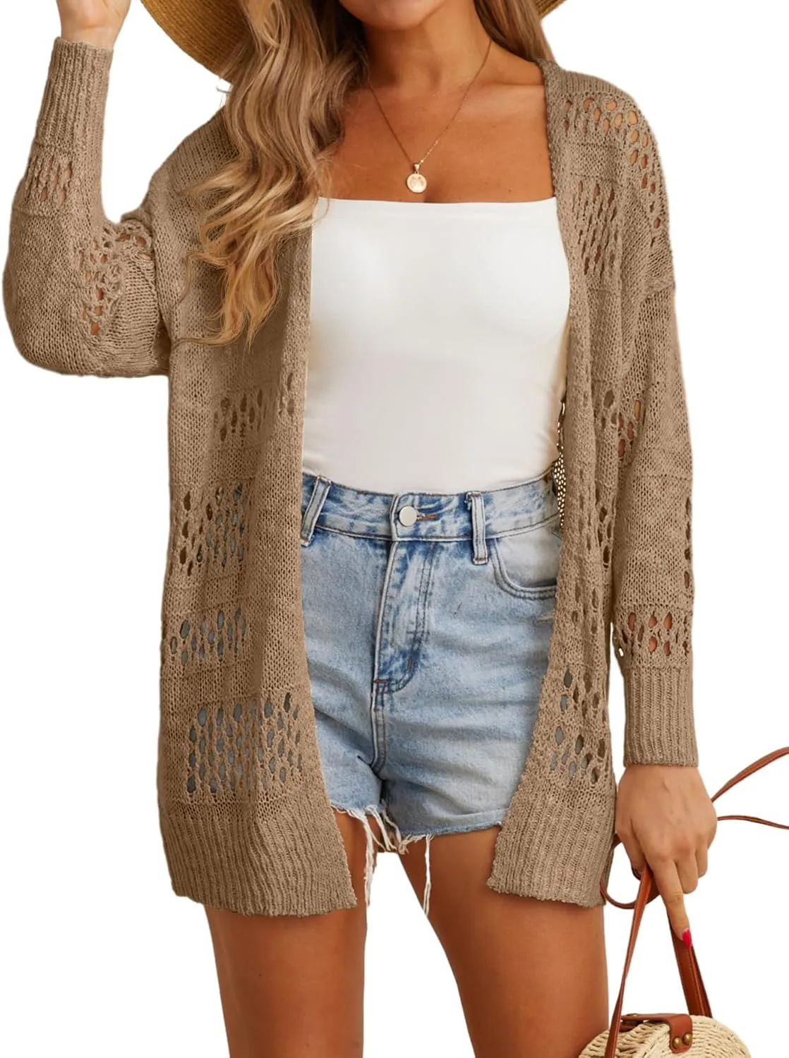 GRECERELLE 2025 Women Summer Crochet Boho Long Sleeve Lightweight Oversized Open Front Cardigan Sweaters Kimonos Tops