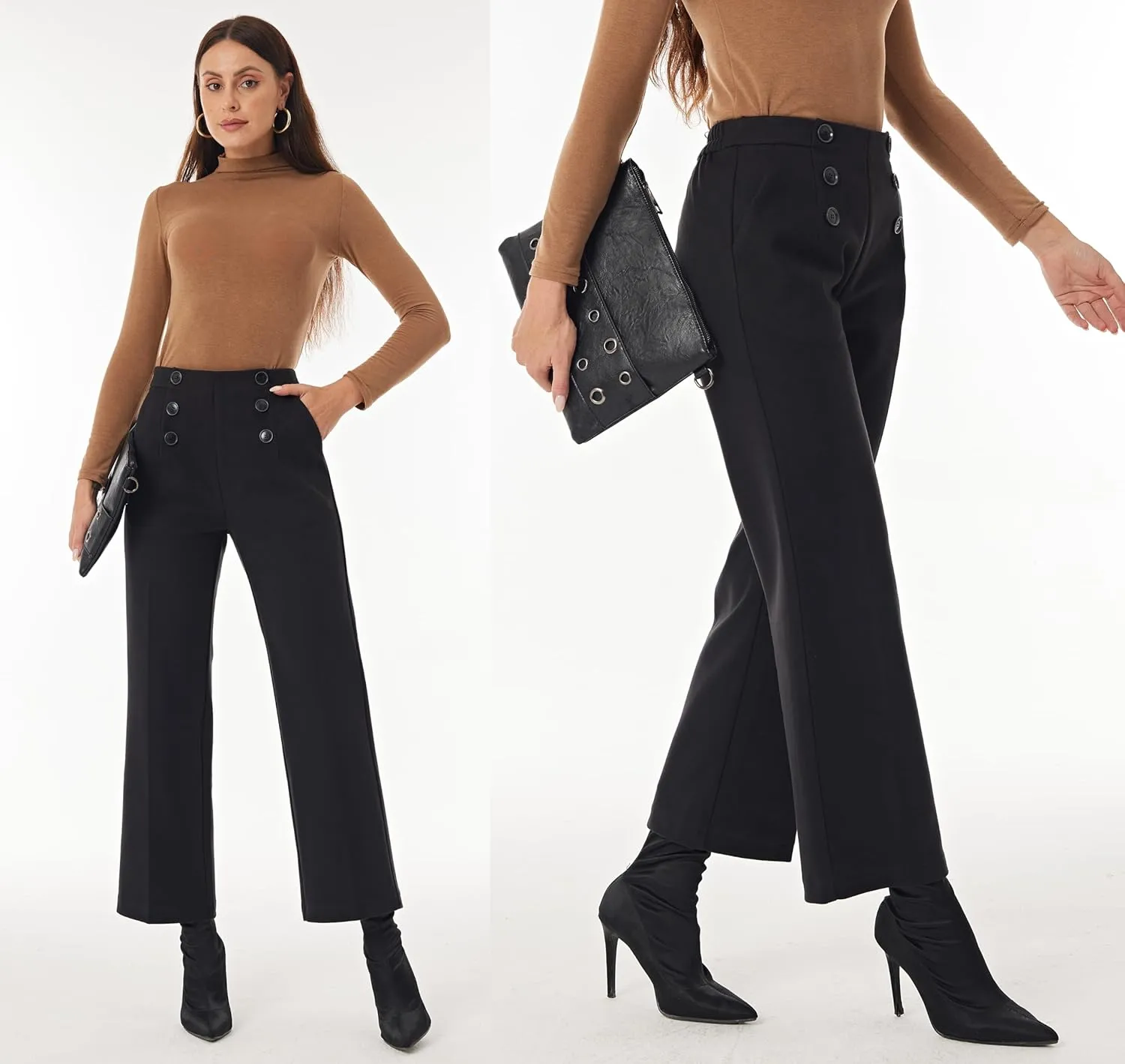 heipeiwa Women's Wool Blend Winter Fall Wide Leg Pull on High Waist Dress Business Casual Pants