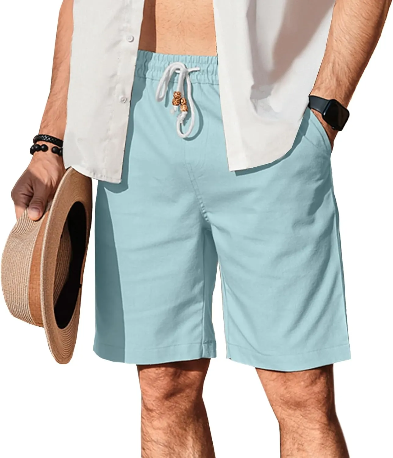 HOTake Men's Linen Shorts Casual Drawstring Elastic Waist Summer Beach Vacation Shorts