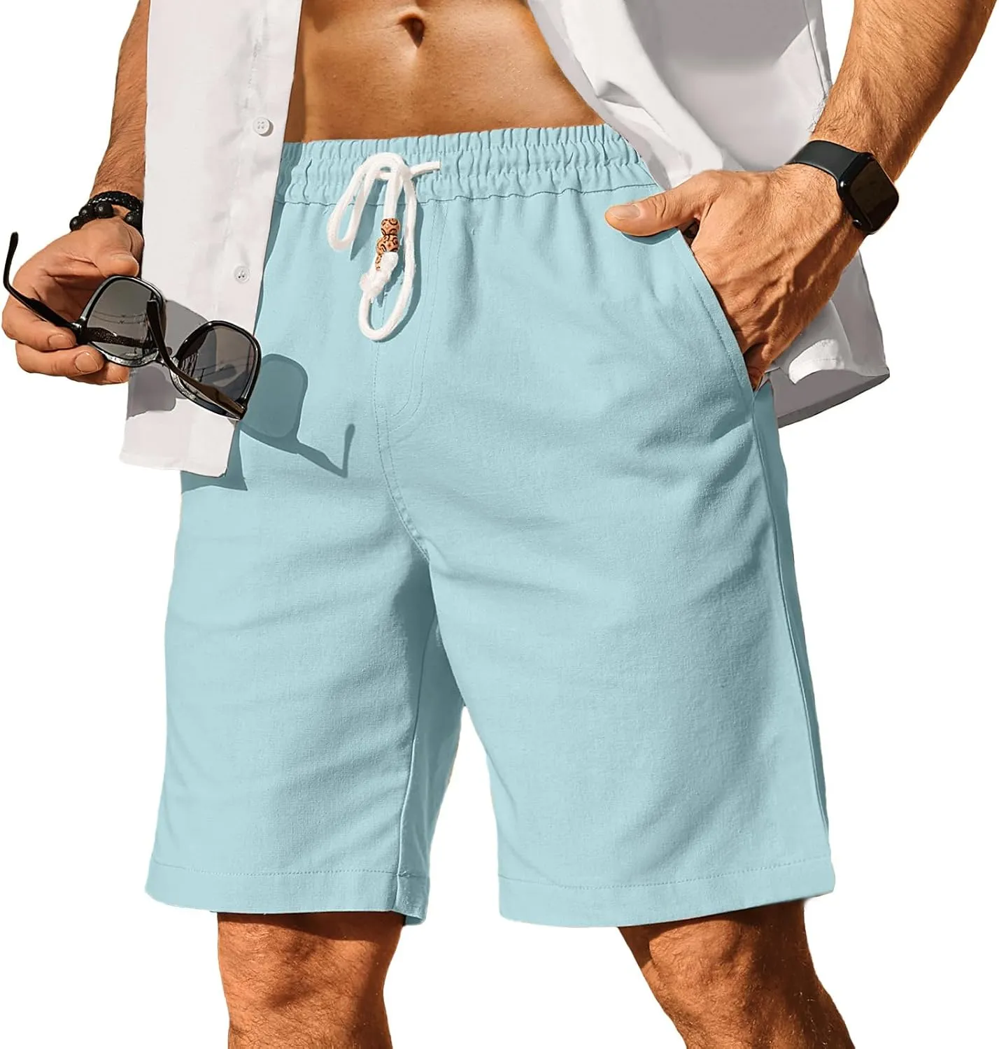 HOTake Men's Linen Shorts Casual Drawstring Elastic Waist Summer Beach Vacation Shorts