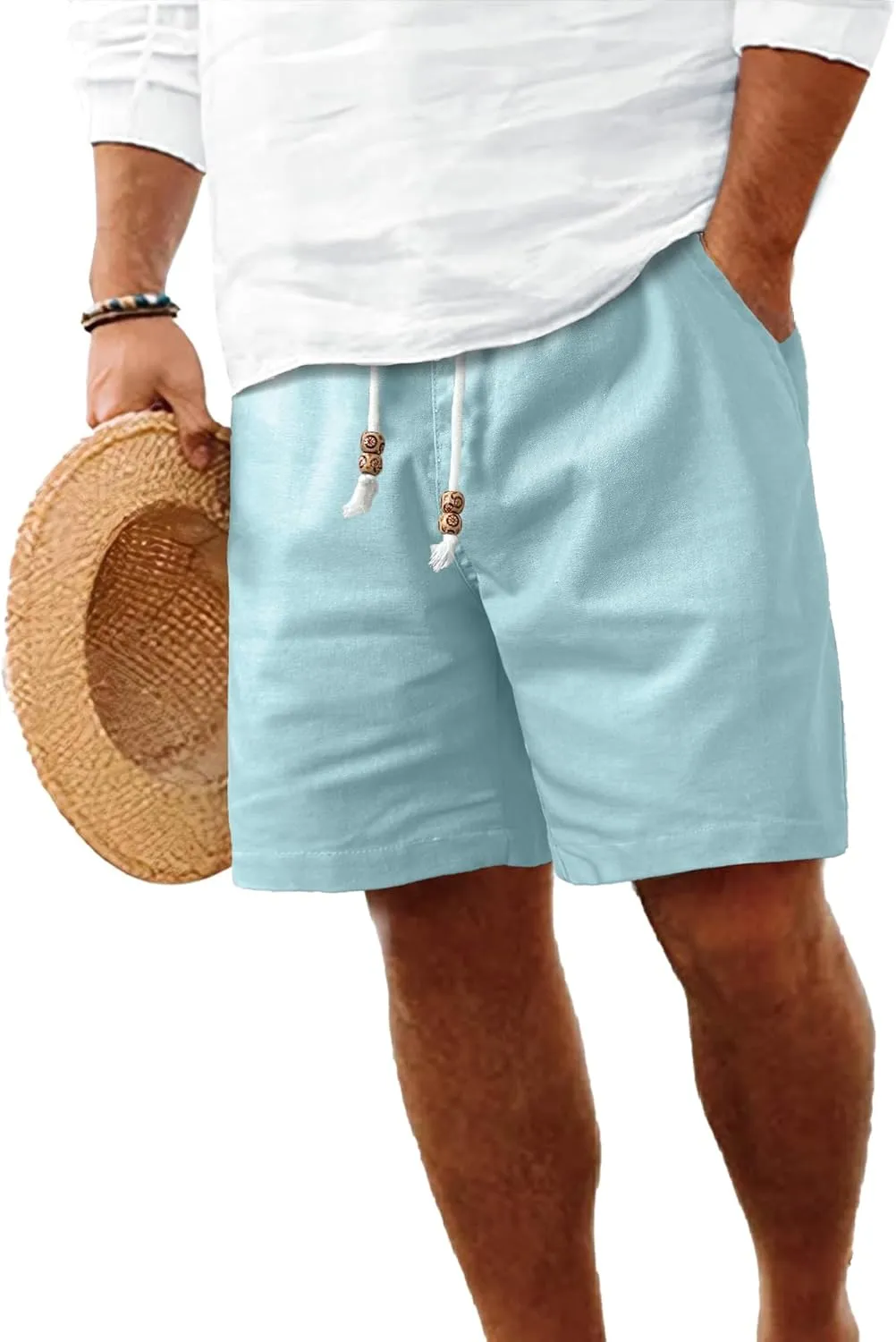 HOTake Men's Linen Shorts Casual Drawstring Elastic Waist Summer Beach Vacation Shorts