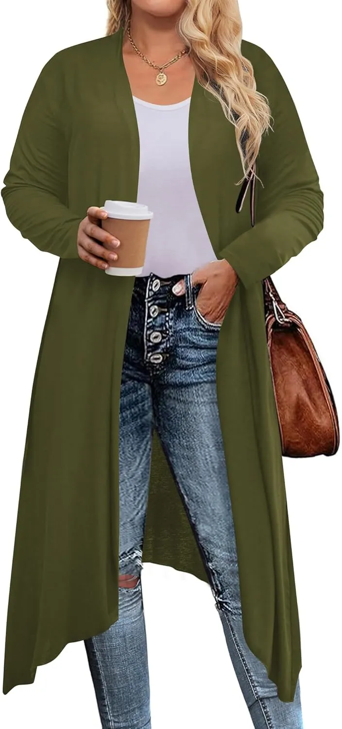IN'VOLAND Women's Plus Size Cardigan Long Sleeve Open Front Drape Cardigans Lightweight Long DusterL-5XL