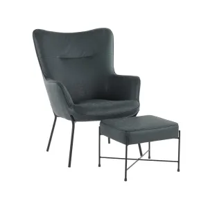 Izzy Industrial Lounge Chair and Ottoman Set in Black Metal and Green Faux Leather by LumiSource