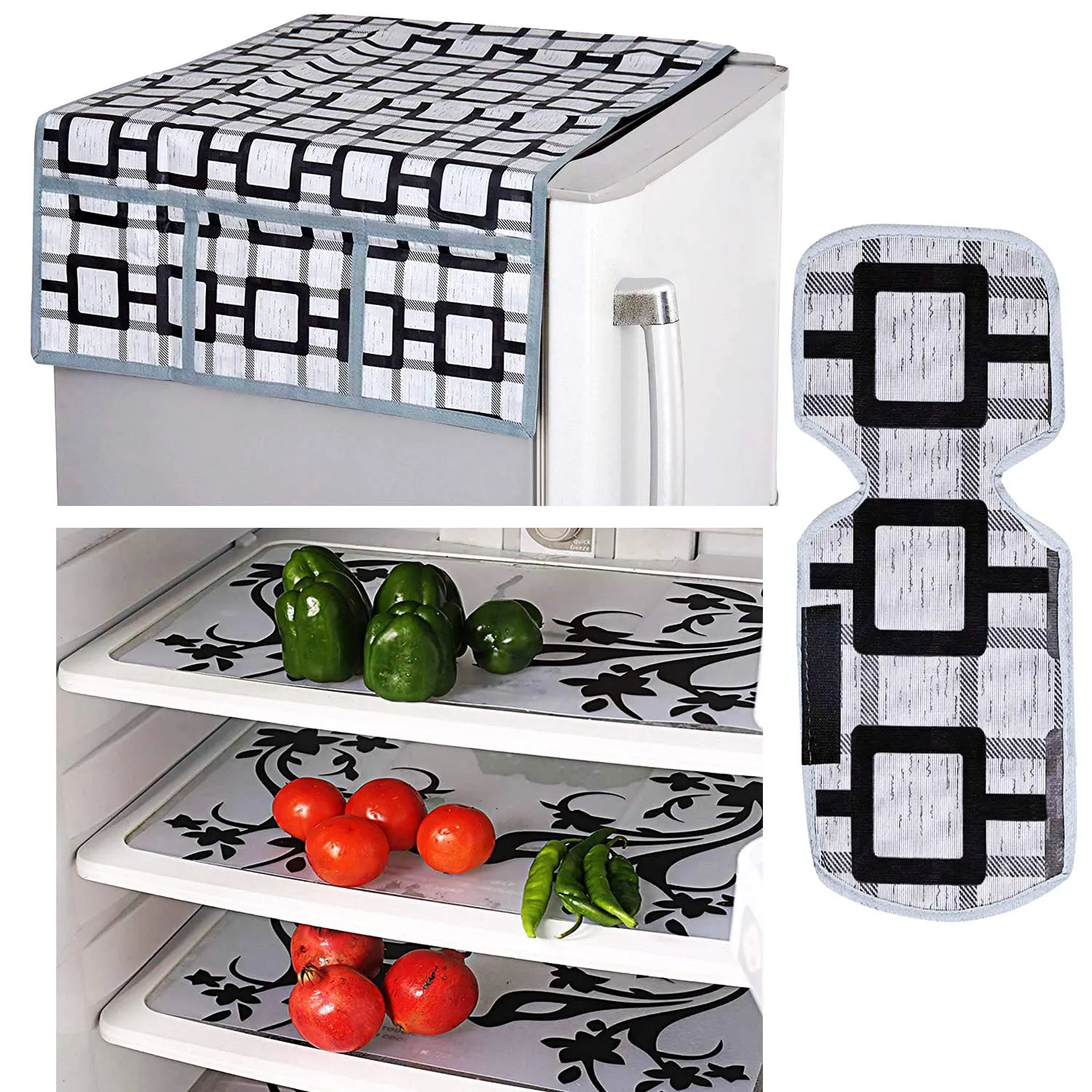 Kuber Industries Birds Design Combo of PVC 3 Pieces Fridge Mats, 1 Piece Handle Cover and 1 Piece Fridge Top Cover (Grey)-CTKTC28847
