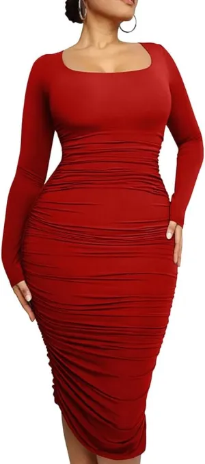 LAGSHIAN Women's Plus Size Sexy Bodycon Long Sleeve Scoop Neck Ruched Basic Midi Party Dress