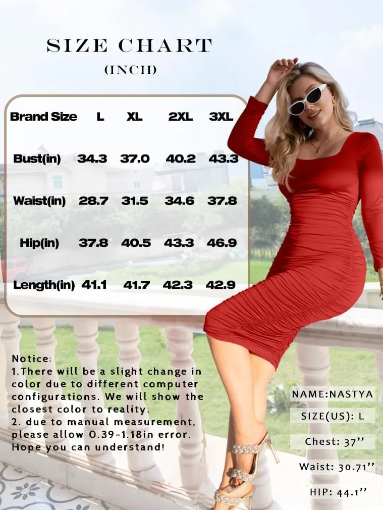 LAGSHIAN Women's Plus Size Sexy Bodycon Long Sleeve Scoop Neck Ruched Basic Midi Party Dress