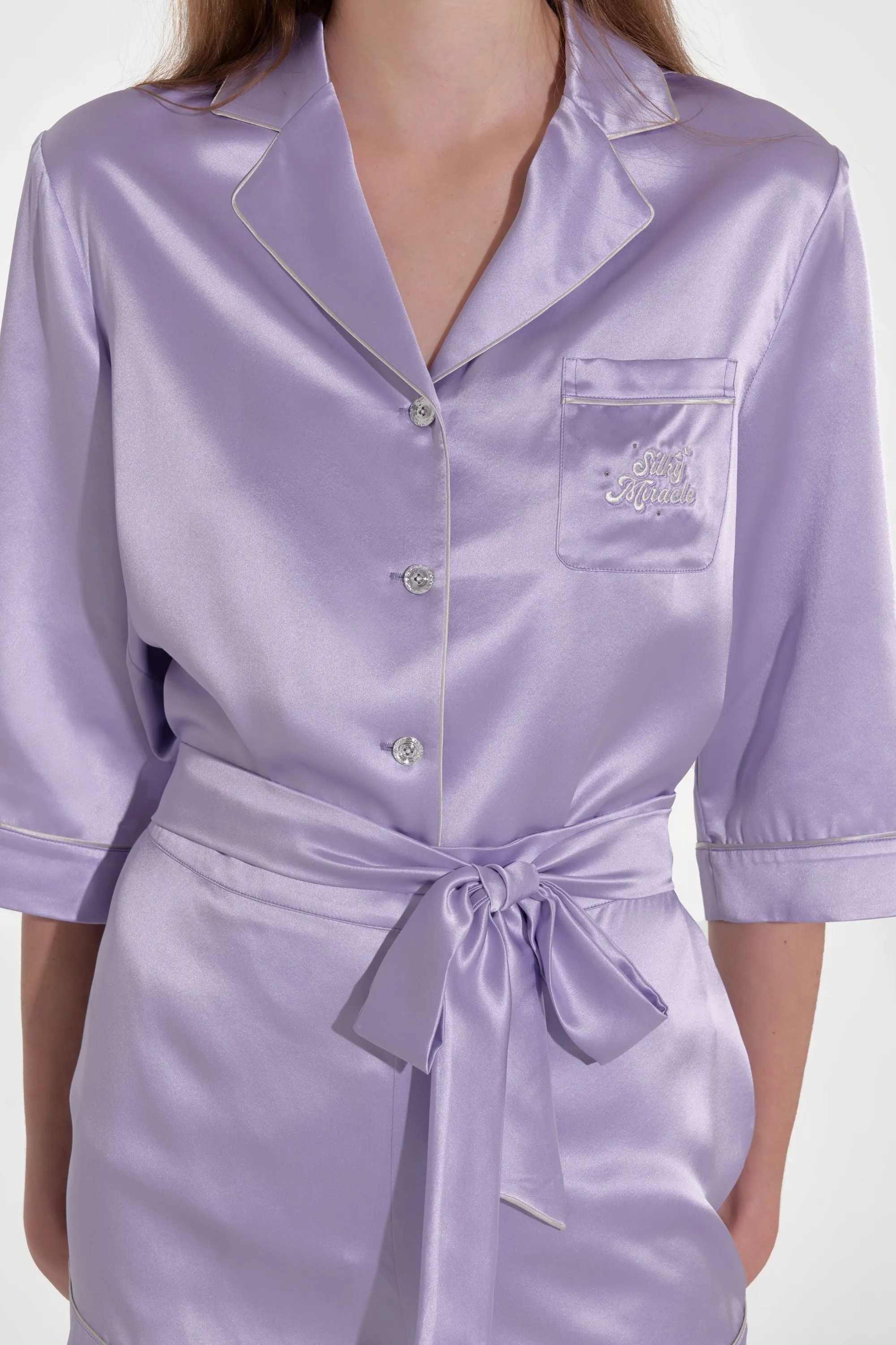 Lilac Front Tie Silk Pyjama Set