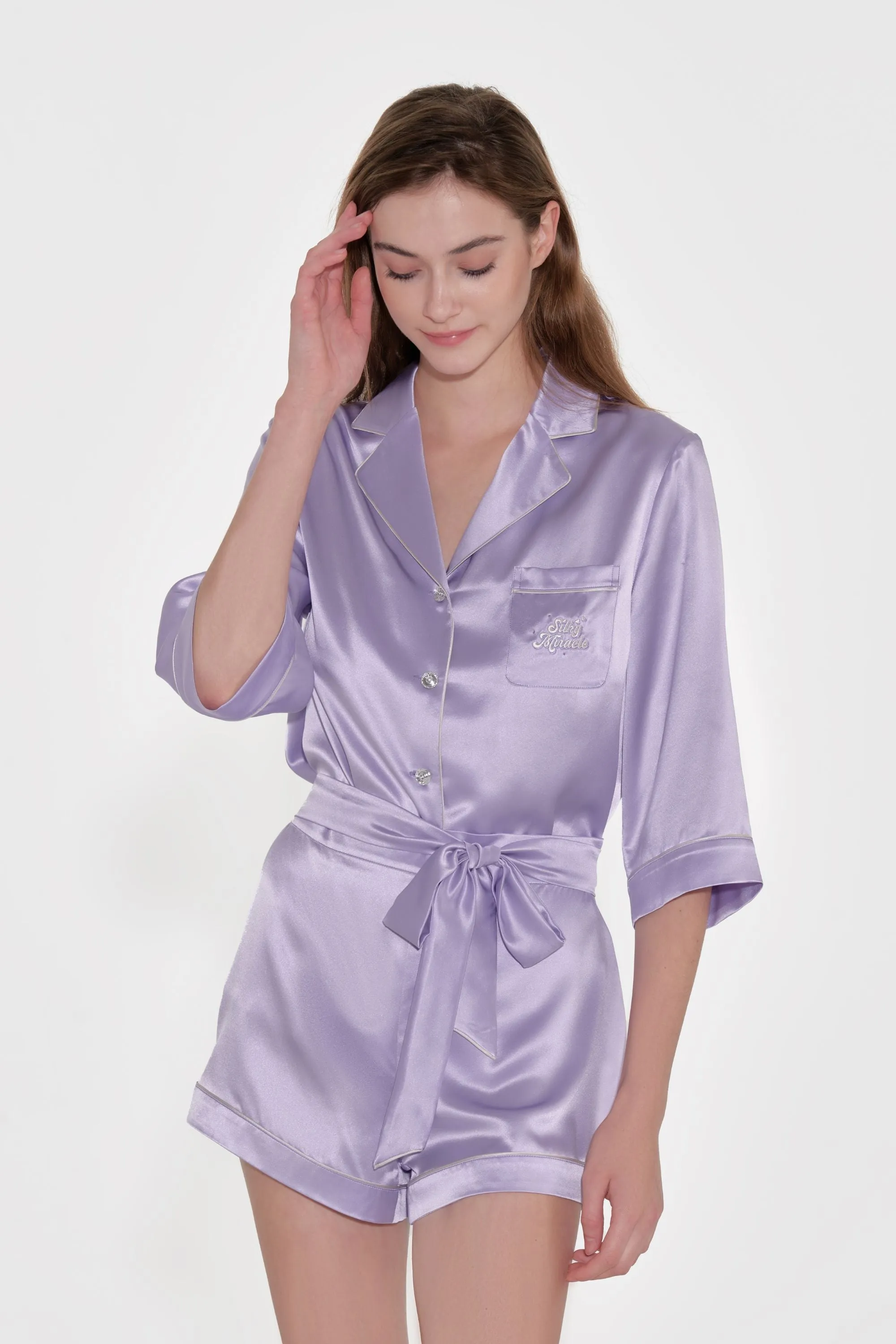 Lilac Front Tie Silk Pyjama Set