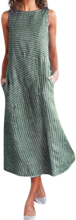 Linen Dress for Women 2025 Summer Sleeveless Maxi Dress Business Sundresses Vacation Dresses Long Dresses with Pockect