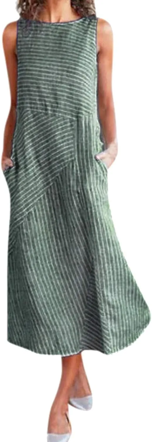 Linen Dress for Women 2025 Summer Sleeveless Maxi Dress Business Sundresses Vacation Dresses Long Dresses with Pockect