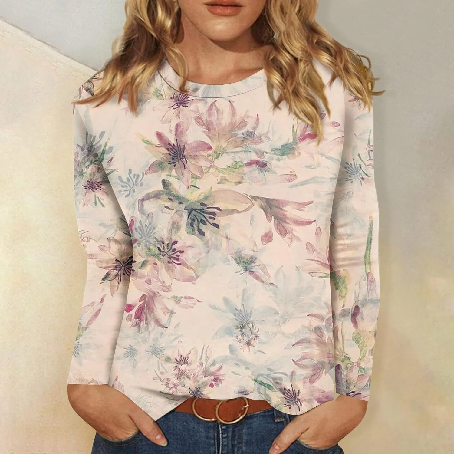 Long Sleeve Tops for Women Crewneck Cute Shirts Casual Trendy Floral Print T-Shirts 2024 Blouses