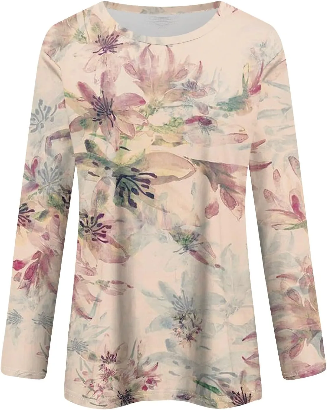 Long Sleeve Tops for Women Crewneck Cute Shirts Casual Trendy Floral Print T-Shirts 2024 Blouses