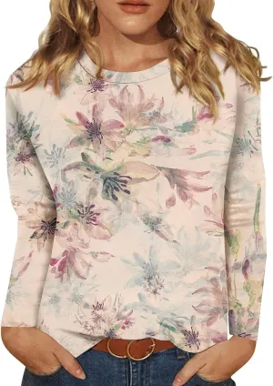 Long Sleeve Tops for Women Crewneck Cute Shirts Casual Trendy Floral Print T-Shirts 2024 Blouses