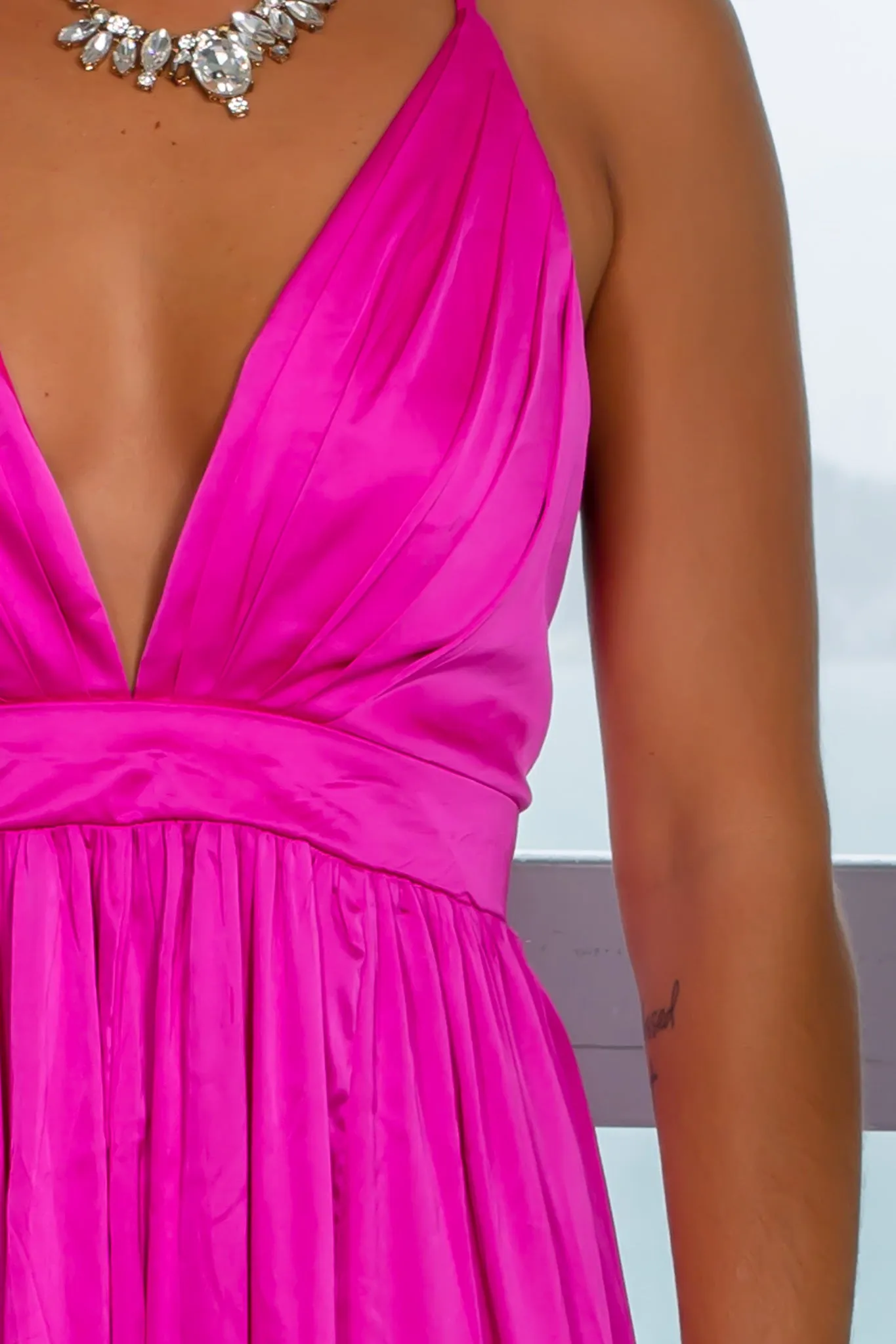 Magenta Satin Pleated Maxi Dress