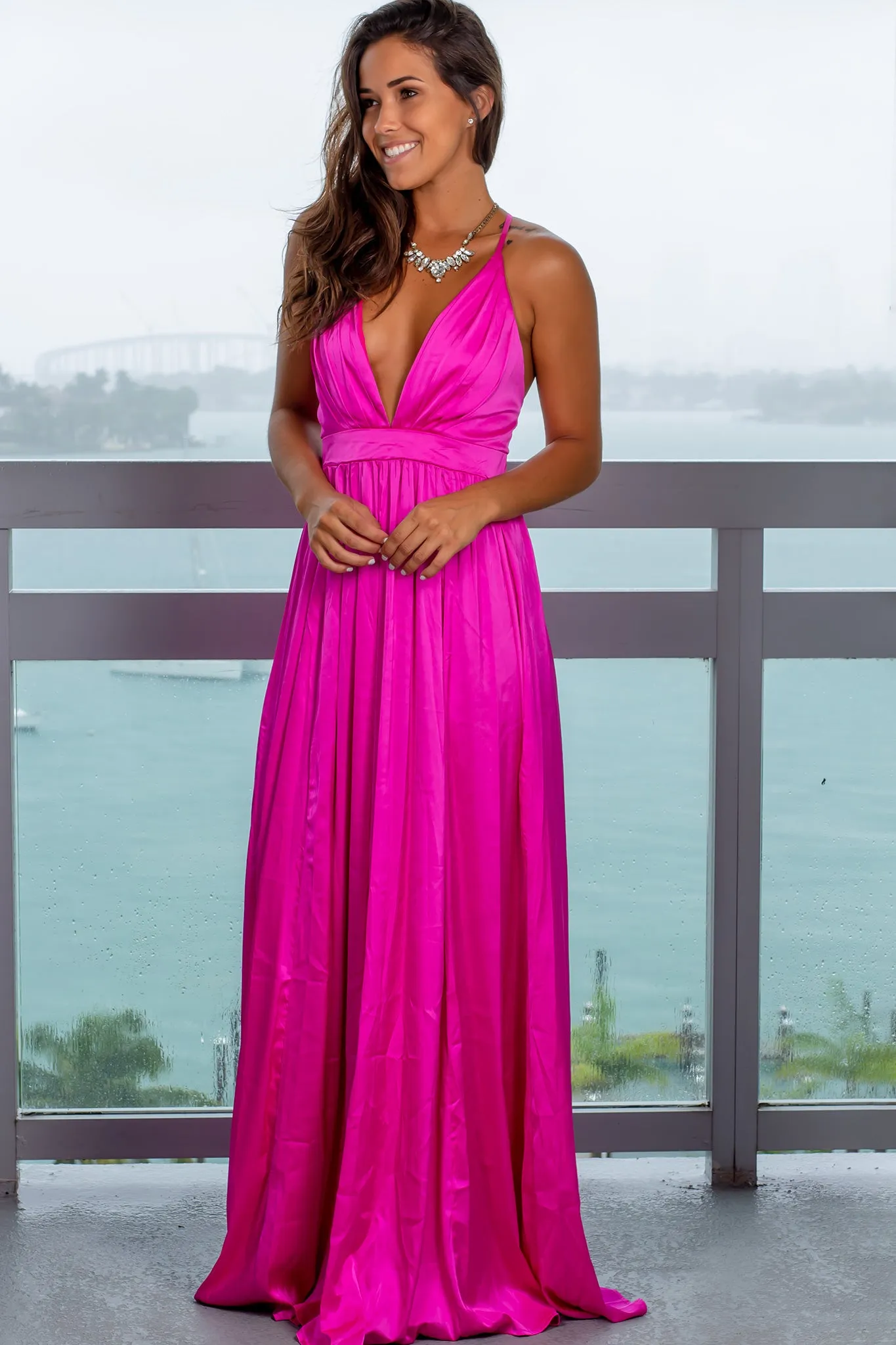 Magenta Satin Pleated Maxi Dress