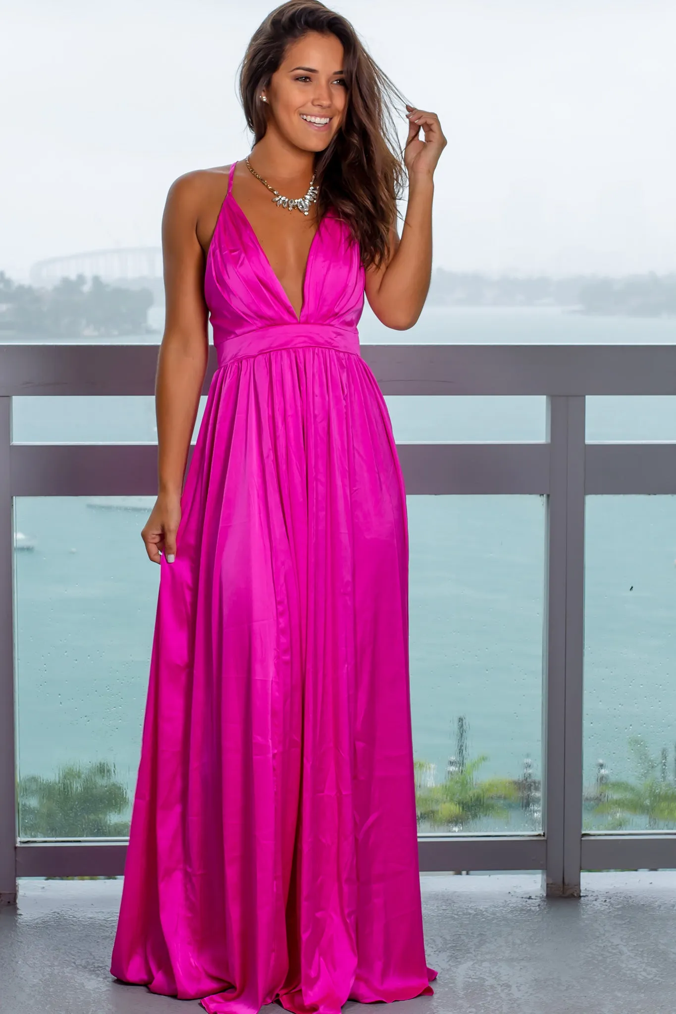Magenta Satin Pleated Maxi Dress