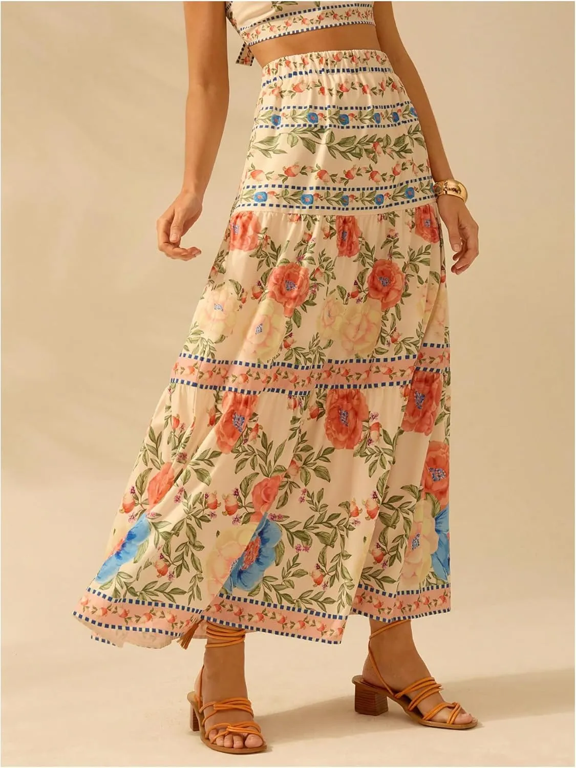 MakeMeChic Women's Floral Print A Line Maxi Skirts Ruffle Hem Loose Fit Summer Long Skirts Vacation Skirts