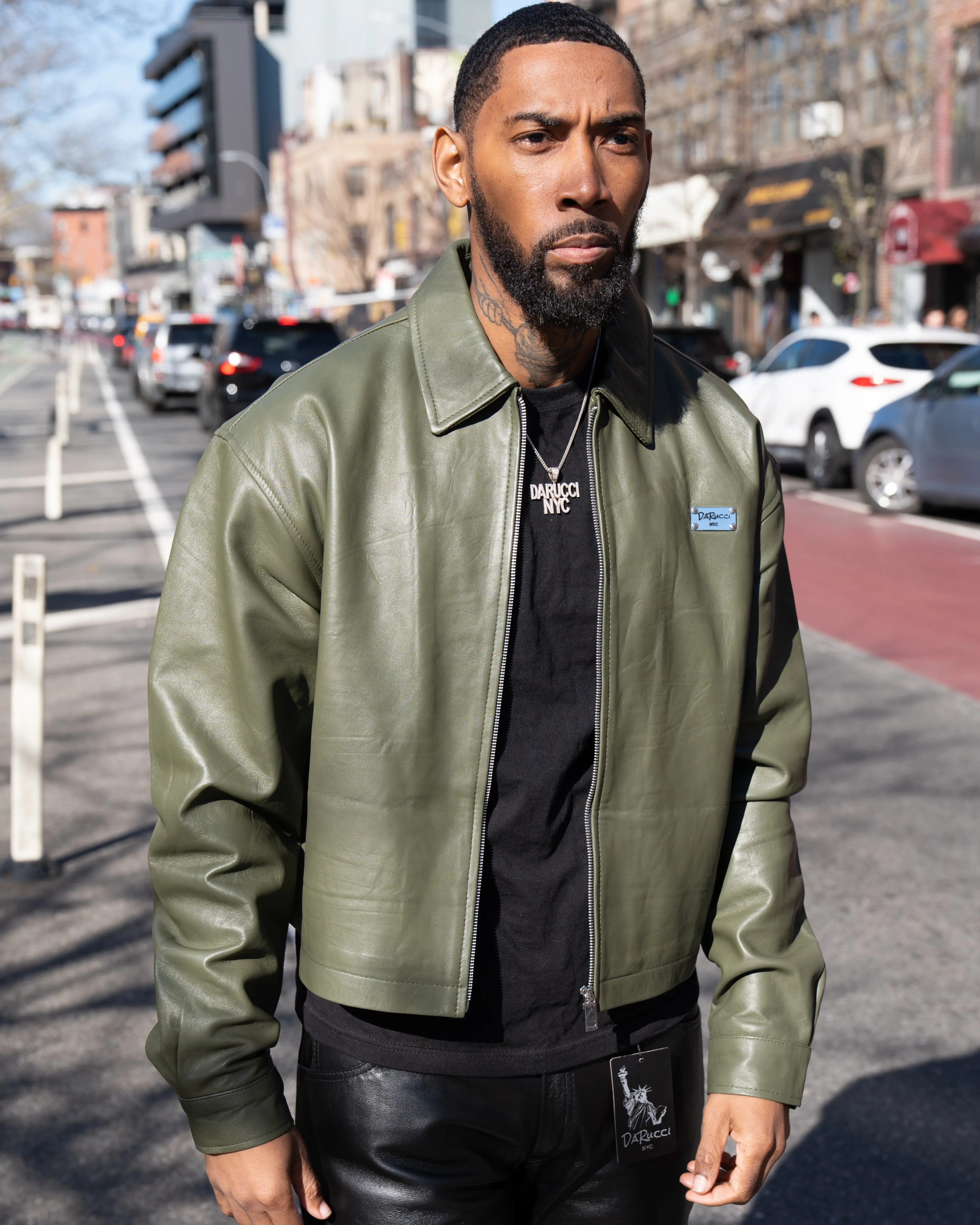 MEN- GREEN LEATHER CROP BOMBER