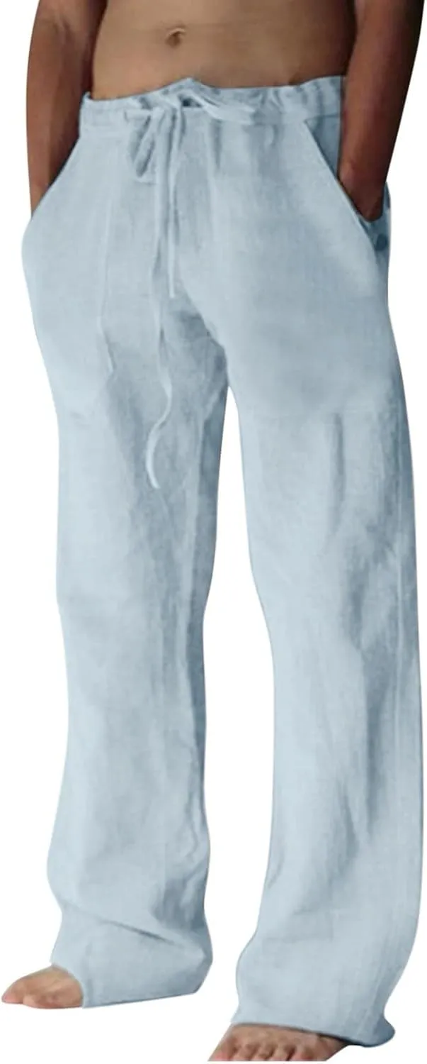 Mens Cotton Linen Pants,2023 Summer Men Lightweight Solid Color Baggy Drawstring Waist Beach Trousers Sweatpants