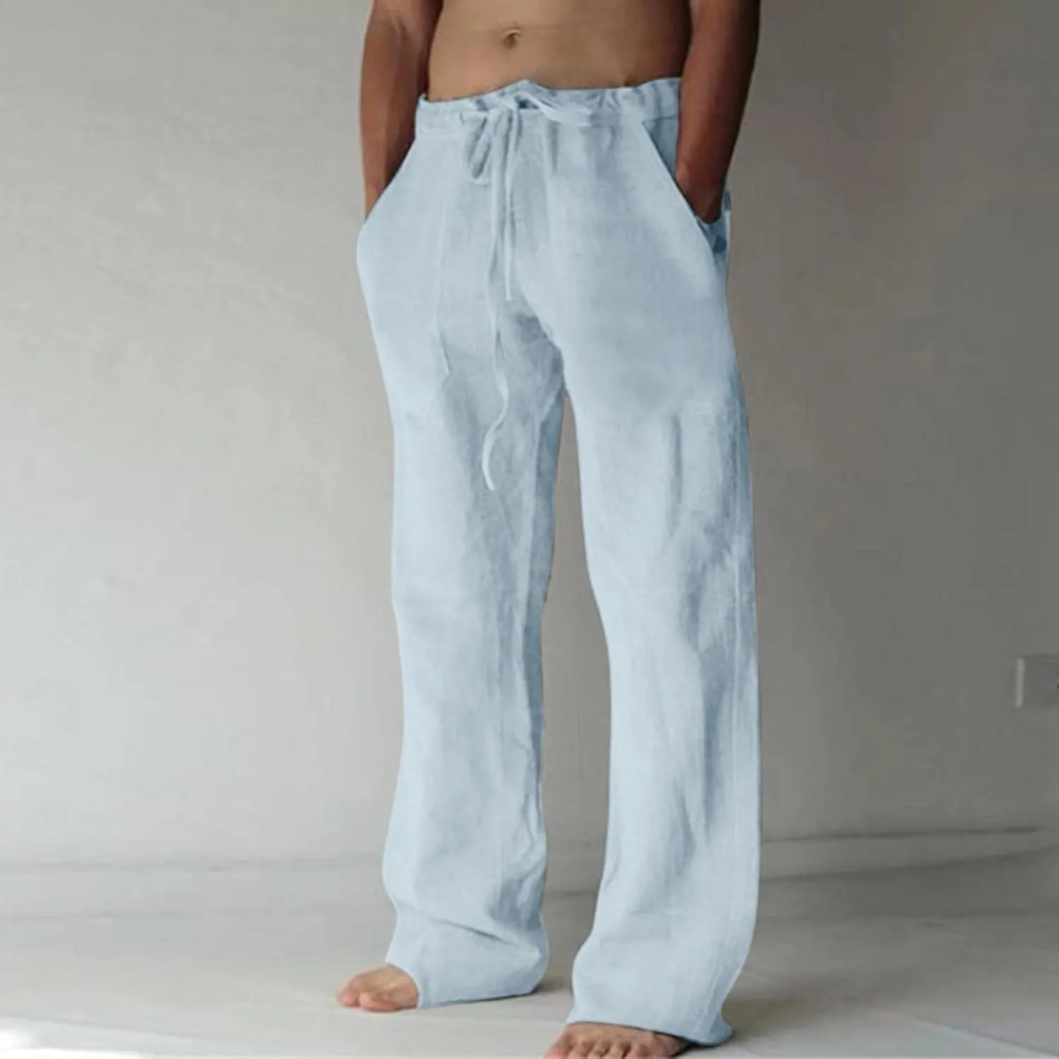 Mens Cotton Linen Pants,2023 Summer Men Lightweight Solid Color Baggy Drawstring Waist Beach Trousers Sweatpants
