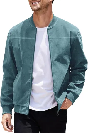 Mens Lightweight Jacket Flight Bomber Jacket Suede Full Zip Casual Softshell Jacket Outwear Pockets Thin Windbreaker