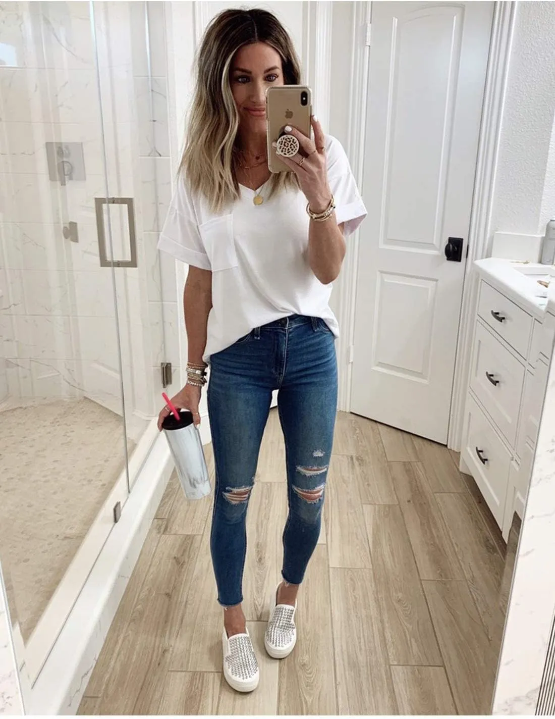 MIHOLL Women's Short Sleeve V-Neck Shirts Loose Casual Tee T-Shirt