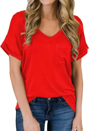 MIHOLL Women's Short Sleeve V-Neck Shirts Loose Casual Tee T-Shirt