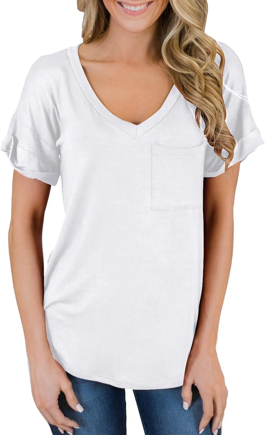 MIHOLL Women's Short Sleeve V-Neck Shirts Loose Casual Tee T-Shirt