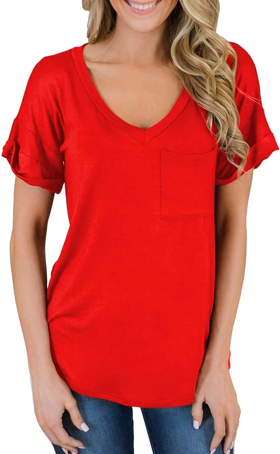 MIHOLL Women's Short Sleeve V-Neck Shirts Loose Casual Tee T-Shirt