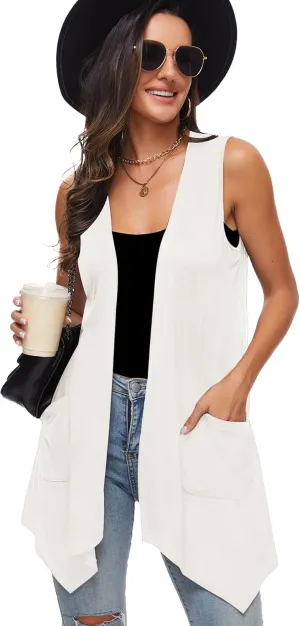 Moss Rose Women's Sleeveless Cardigan Vest Draped Open Front Cardigans Asymmetric Hem