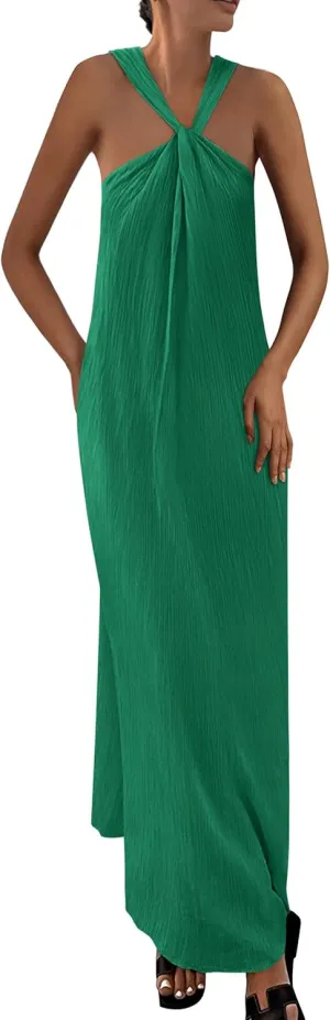 PRETTYGARDEN Womens 2025 Casual Long Summer Dresses Sleeveless Strappy Loose Flowy Beach Vacation Maxi Dress with Pockets