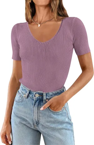 PRETTYGARDEN Womens Short Sleeve V Neck Ribbed Knit Tops 2024 Summer Causal Slim Fit Solid Color Basic Tees Tshirts