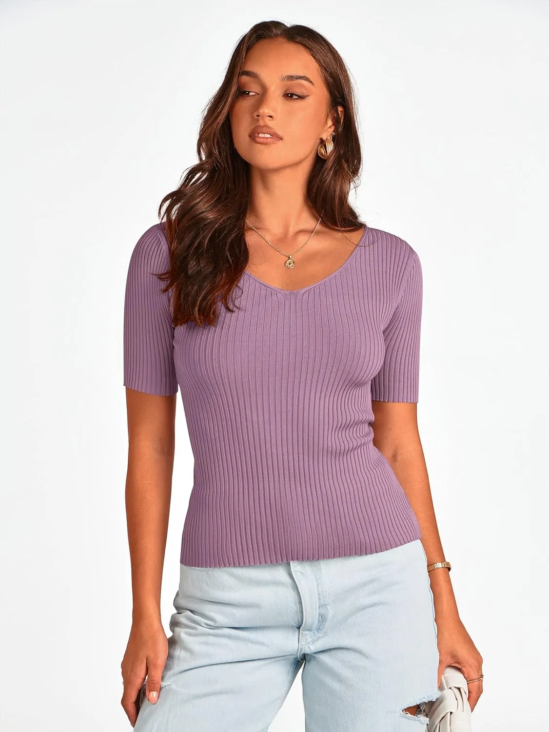 PRETTYGARDEN Womens Short Sleeve V Neck Ribbed Knit Tops 2024 Summer Causal Slim Fit Solid Color Basic Tees Tshirts