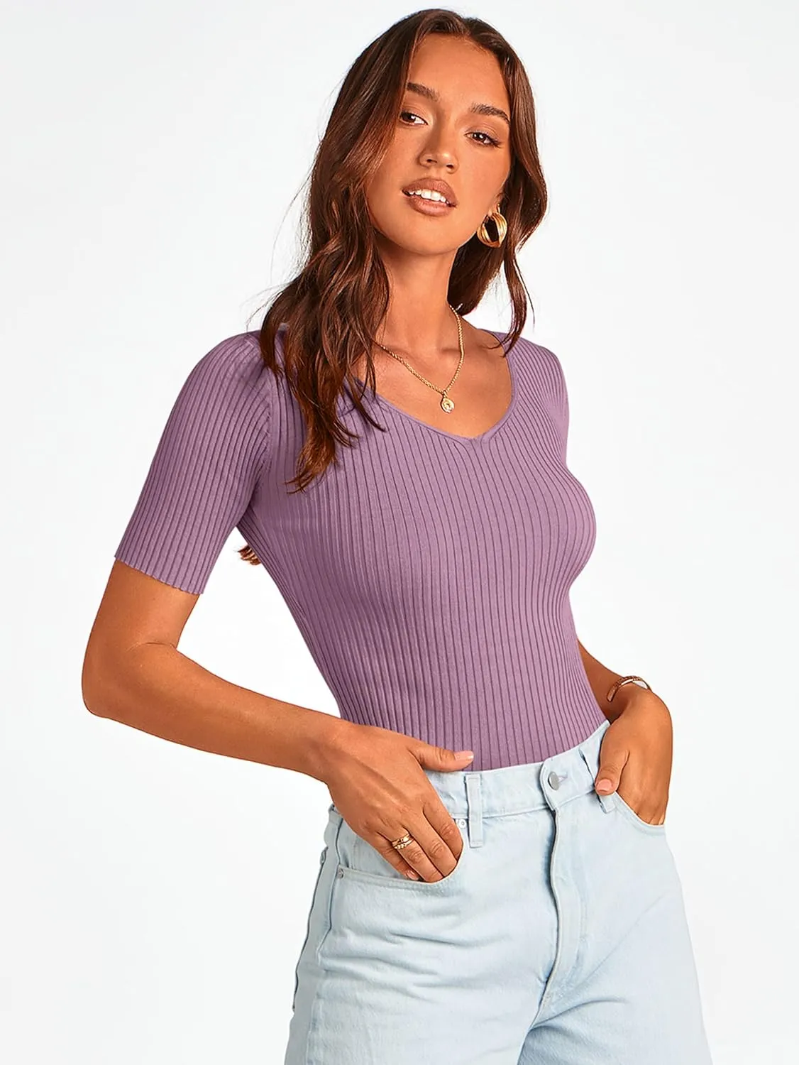 PRETTYGARDEN Womens Short Sleeve V Neck Ribbed Knit Tops 2024 Summer Causal Slim Fit Solid Color Basic Tees Tshirts
