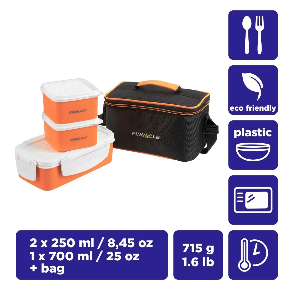 Pyramid Set of 3 Orange Plastic Lunch Containers | Insulated Bag