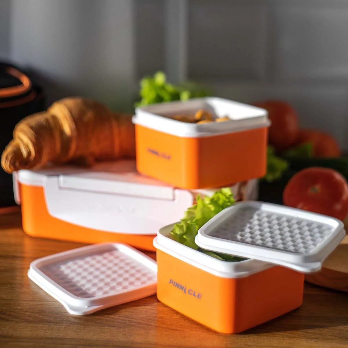 Pyramid Set of 3 Orange Plastic Lunch Containers | Insulated Bag
