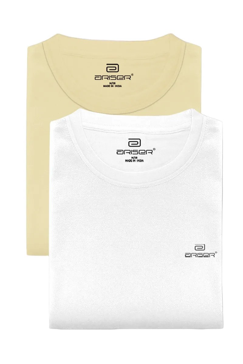 Round Neck - Coral Peach and White Solid T-Shirt Pack Of 2 Combo For Men | Ariser