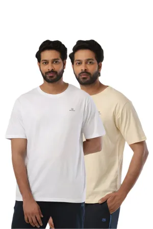 Round Neck - Coral Peach and White Solid T-Shirt Pack Of 2 Combo For Men | Ariser