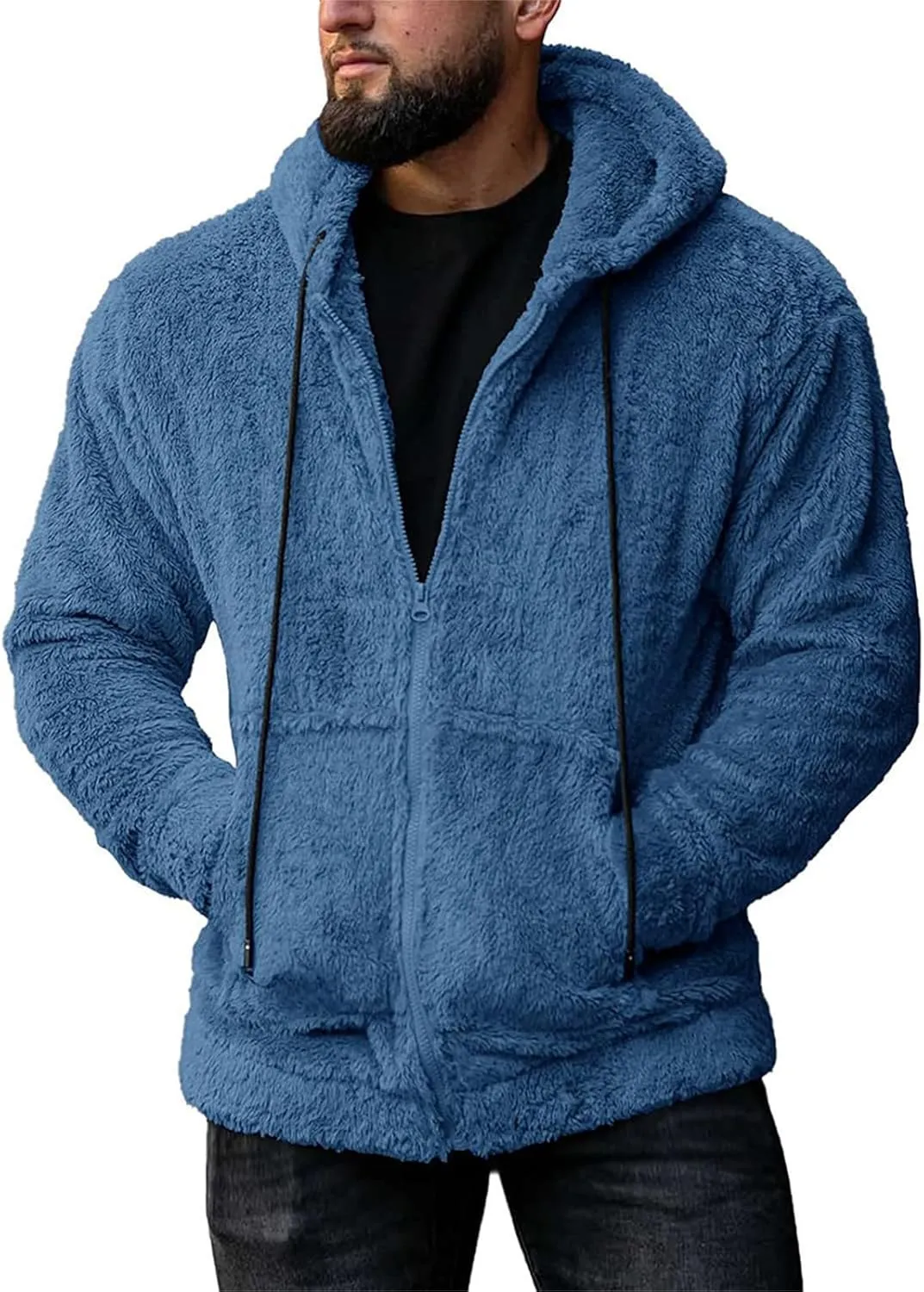 RTRDE Mens Casual Jacket Lightweight Sherpa Jackets Full Zip Warm Fuzzy Windproof Winter Coats Hooded Work Coats, M-3XL