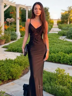 Sheath V-neck Sweep Train Elastic Woven Satin Prom Dresses With Appliques Lace