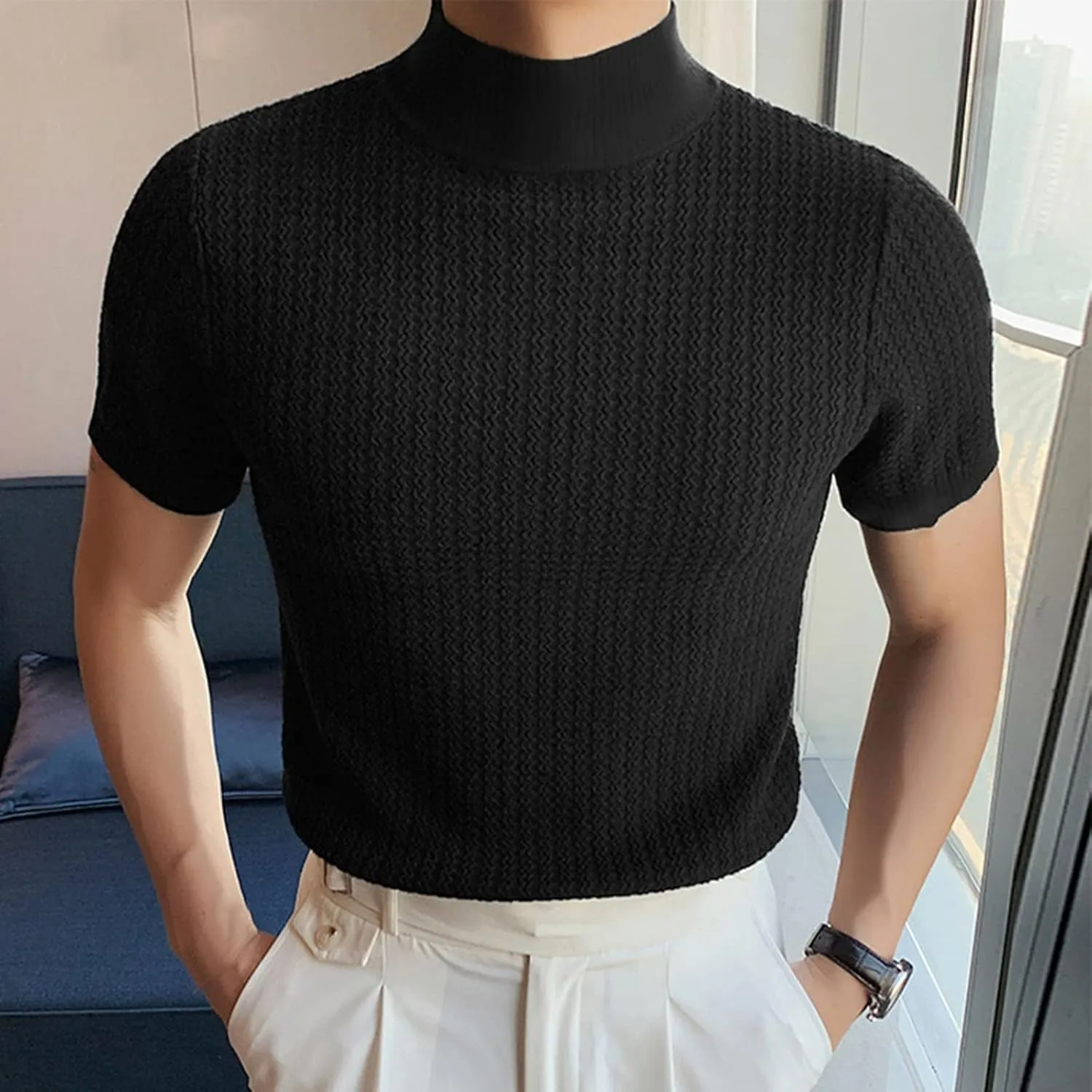 Short Sleeve Shirts for Men Basic Mock Turtleneck Regular Fit Undershirt Fall Thermal Pullover Solid Color Tops