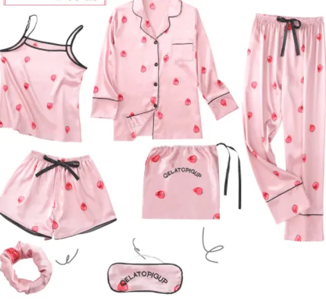 Simulated Silk Striped Seven-piece Loungewear