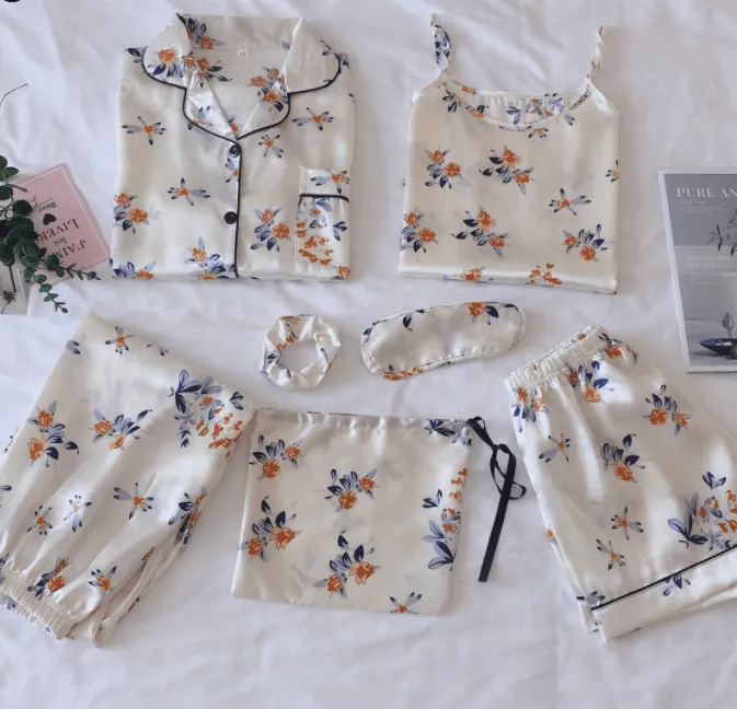 Simulated Silk Striped Seven-piece Loungewear
