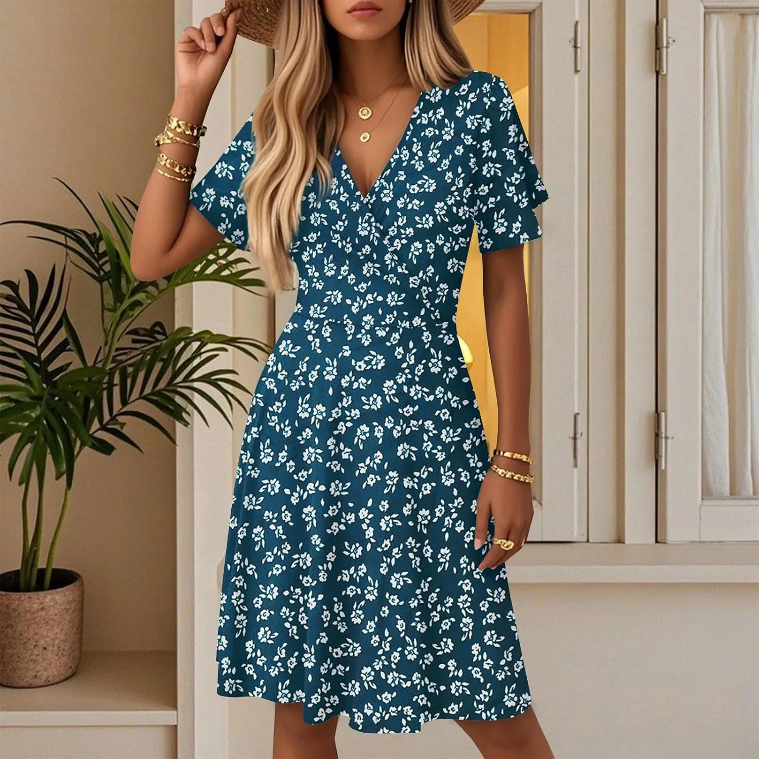 Summer Boho Floral Dresses for Women 2025 Casual V Neck Short Sleeve Flowy Wrap Dress A-Line Midi Vacation Beach Sundress