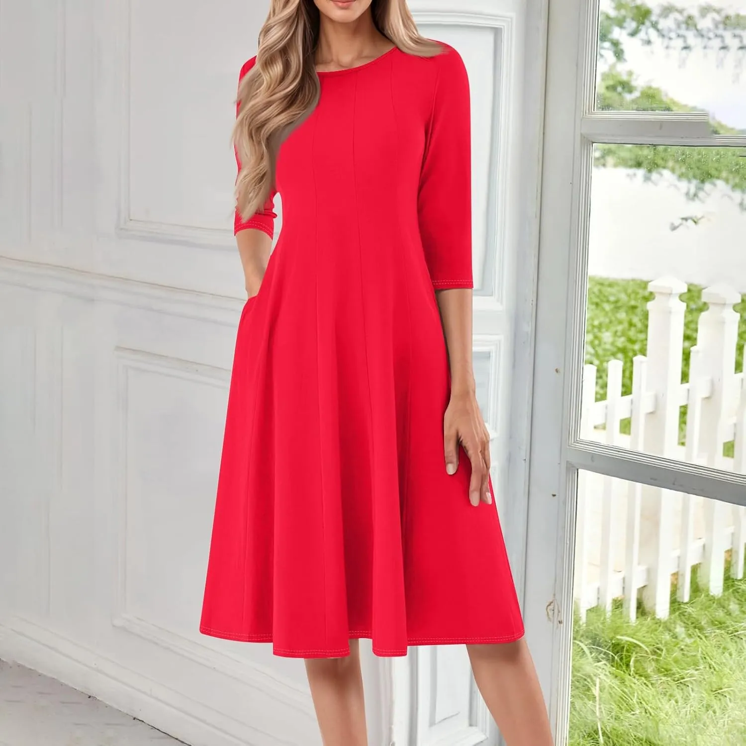 Summer Dresses for Women 2025,Casual Fashion Round Neck 3/4 Sleeve Multi Solid Color Printed A-Line Midi Dress