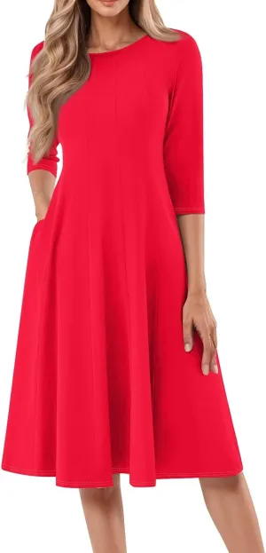 Summer Dresses for Women 2025,Casual Fashion Round Neck 3/4 Sleeve Multi Solid Color Printed A-Line Midi Dress
