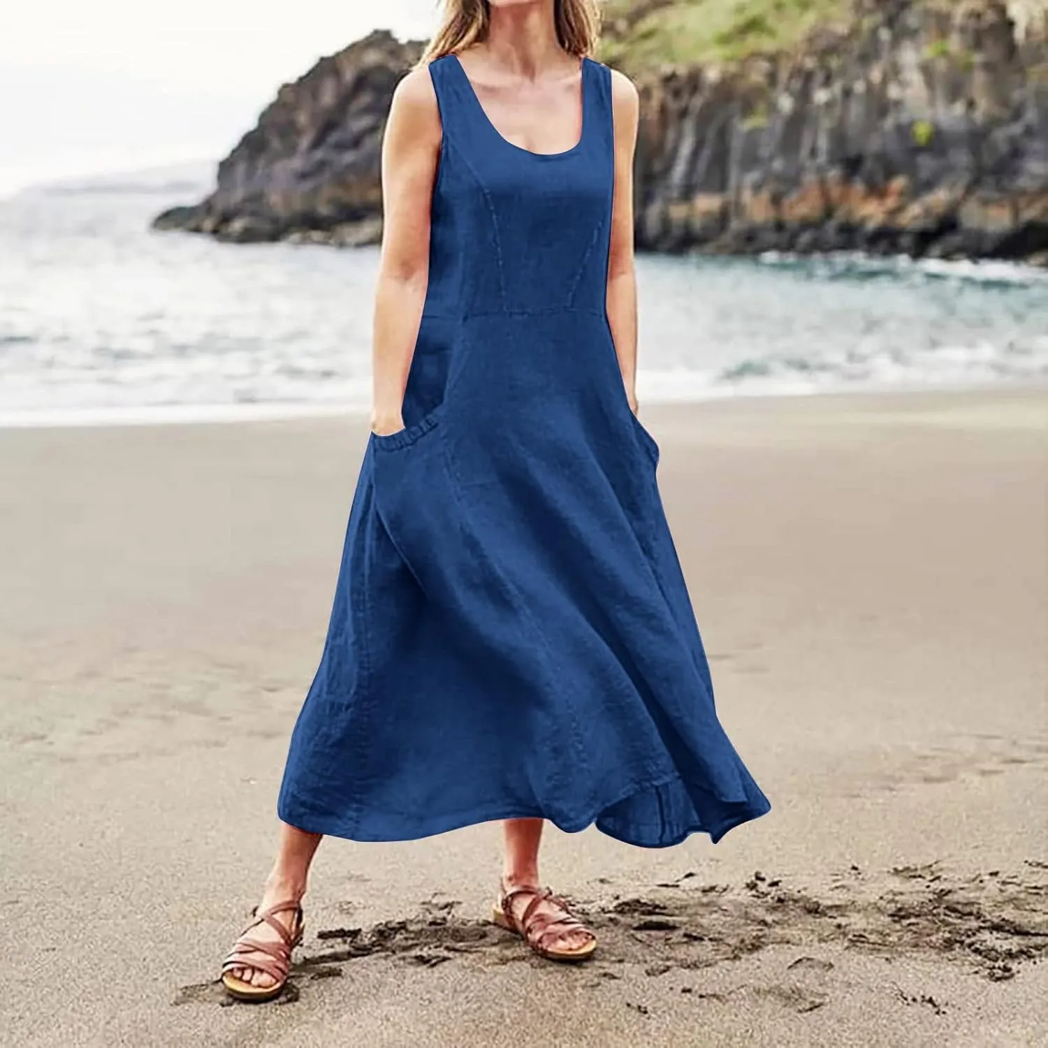 Summer Dresses for Women 2025,Linen Summer Sleeveless Solid Casual Baggy Flowy Maxi Vacation Long Dresses with Pockets