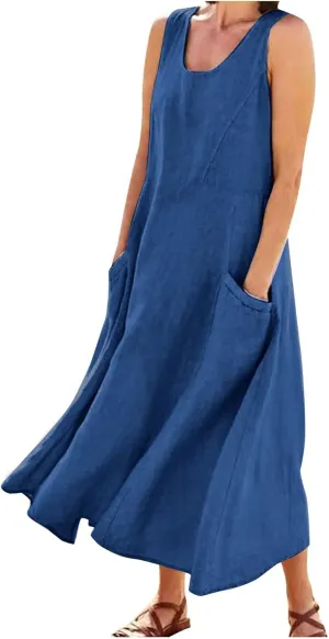 Summer Dresses for Women 2025,Linen Summer Sleeveless Solid Casual Baggy Flowy Maxi Vacation Long Dresses with Pockets