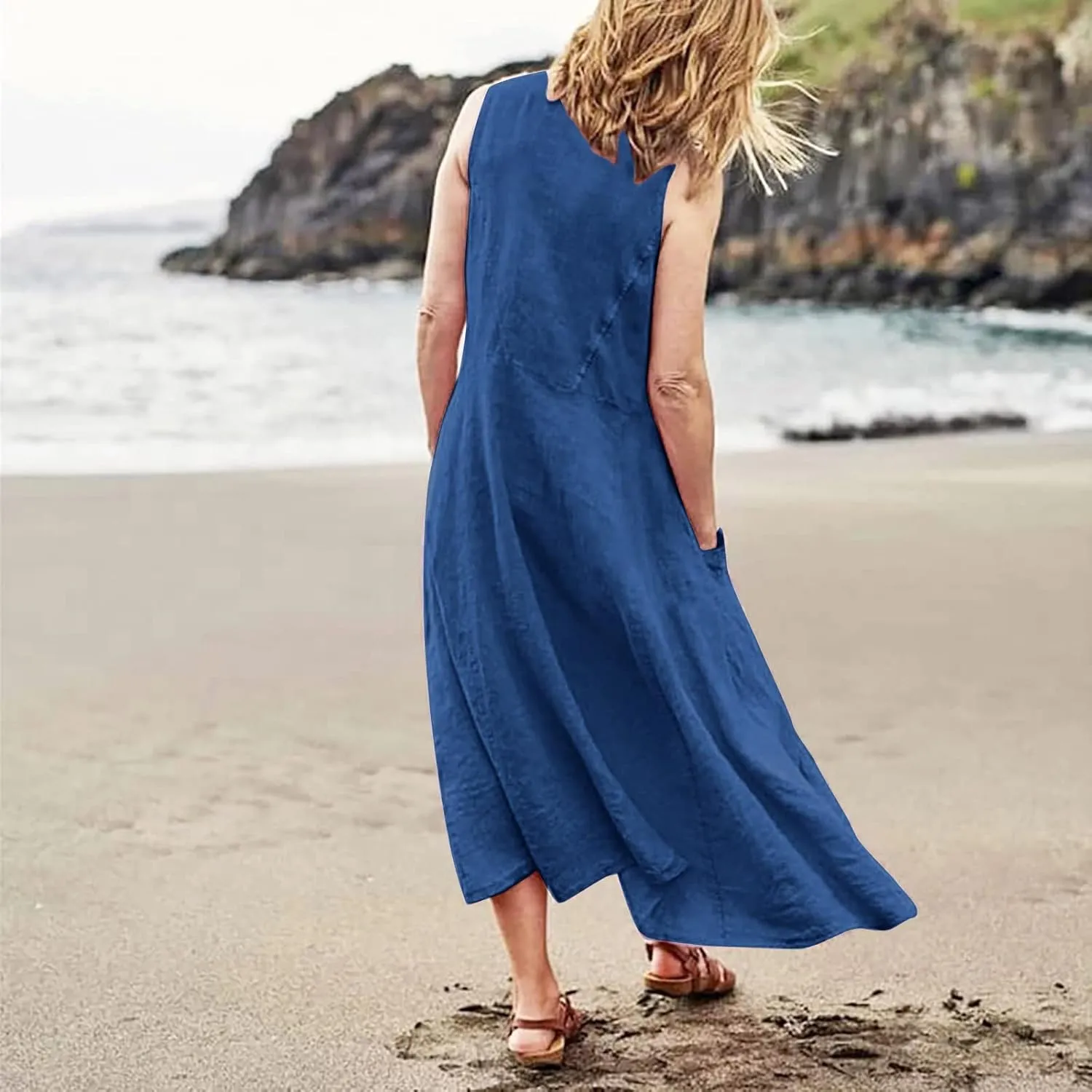 Summer Dresses for Women 2025,Linen Summer Sleeveless Solid Casual Baggy Flowy Maxi Vacation Long Dresses with Pockets