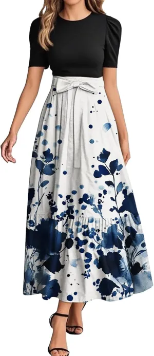 Summer Dresses for Women Flowy Patchwork Empire Waist Maxi Dress Tie Belted Floral Short Sleeve Elegant Dress